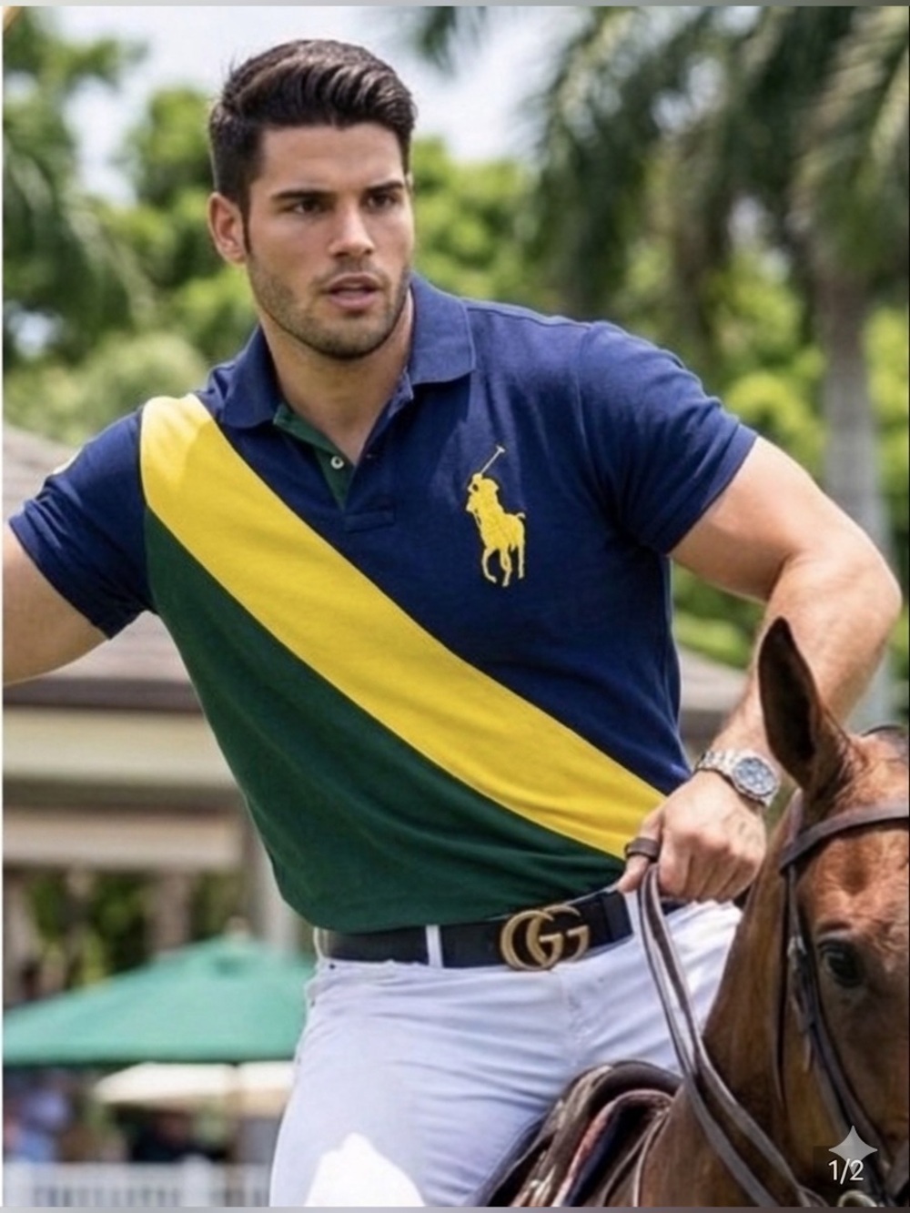 Polo by Ralph Lauren Navy, Green & Yellow Diagonal Stripe Polo